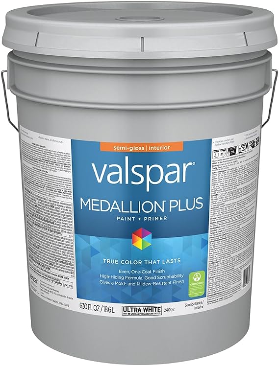 Valspar 5 Gallon 24002 Ultra White Base Medallion Plus Interior Paint & Primer, Semi-Gloss