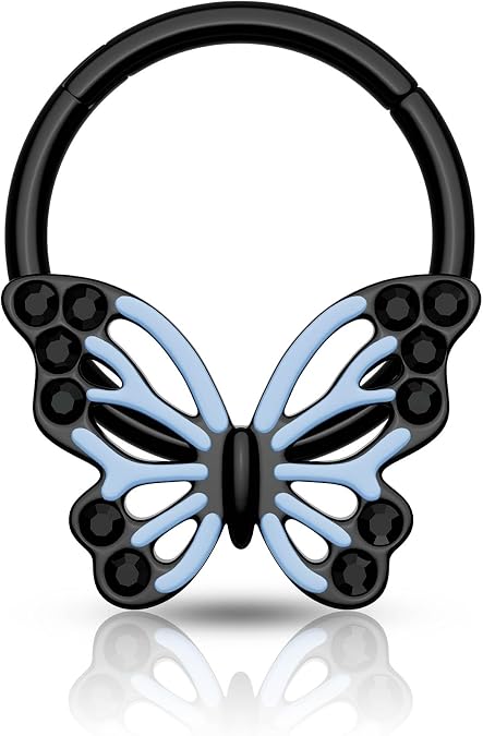Gothic Black Butterfly Septum Ring 16G Blue Cool Septum Jewelry Dainty Helix Daith Earrings for Women 10MM Daith Piercing Jewelry Stainless Steel