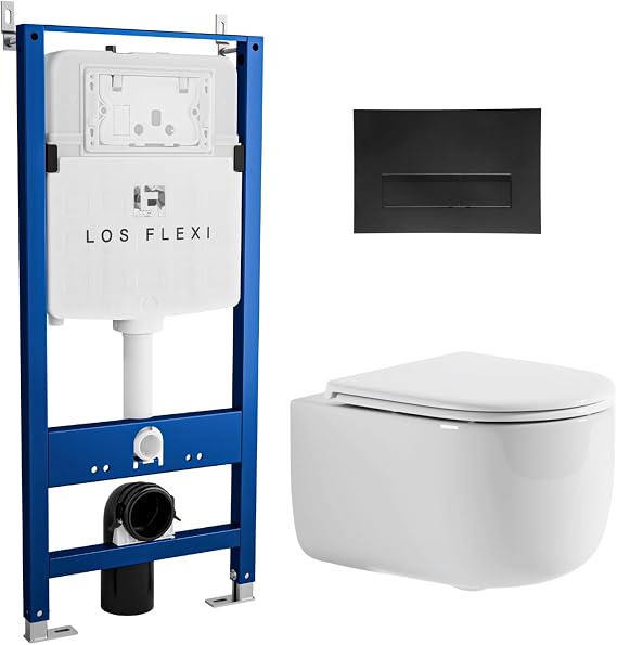 Round Bowl Wall Mount Toilet Combo Set - Los Flexi Compact Wall Hung Toilet With Concealed Tank & Carrier System, 0.8/1.6GPF Dual Flush, Rimless Swirl Flushing, Push Plate Included