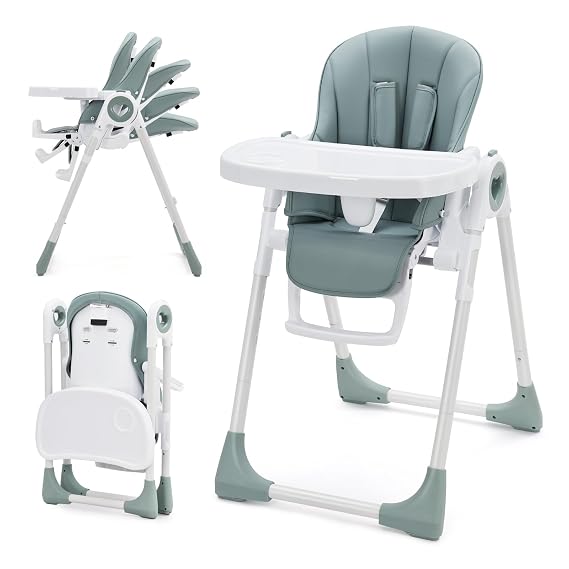 Foldable Baby High Chair with Adjustable Height, 5 Recline Positions & Removable Double Tray - Easy Clean, Space-Saving Infant Highchair for Toddlers, 5-Point Harness & Compact Design