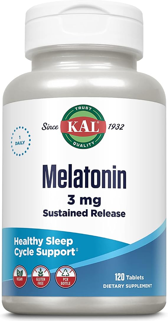 KAL Melatonin 3mg Supplement for Adults, Gluten Free, Vegan, 120 Count Tablets
