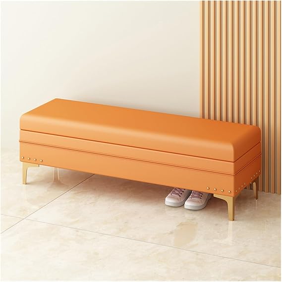 Upholstered Storage Bench with Nailhead Trim Bedroom Ottoman with Storage Decorative Home Furniture Ottoman for Living Room End of Bed Bench and Foot Rest Couch (Orange 80")