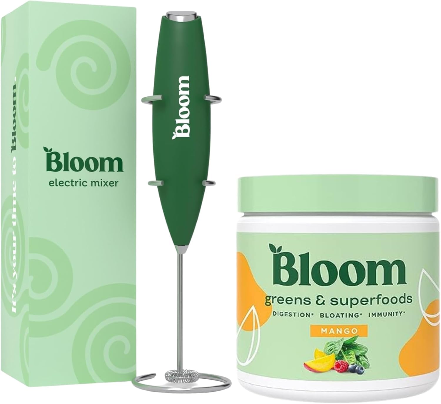 Bloom Nutrition Superfood Greens Powder, Digestive Enzymes with Probiotics and Prebiotics, Gut Health, Bloating Relief, Mango  Milk Frother High Powered Hand Mixer