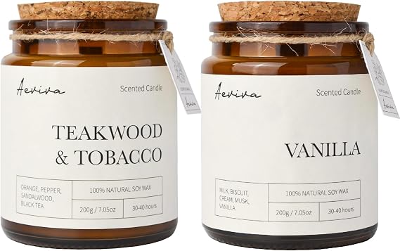 Scented Candle Bundle, Teakwood Tobacco Scent & Vanilla Scent, Aromatherapy Meditation Candles with Crackling Wood Wick, Home Fragrance