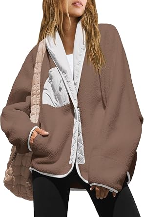 Womens Fuzzy Fleece Jacket Colorblock Sherpa Coats Shawl Collar Button Down Warm Outwear with Pockets
