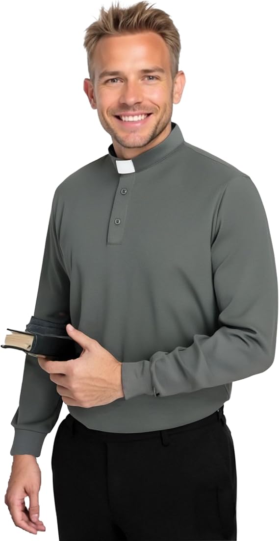 Men's Clergy Tab Collar Polo Shirt Long Sleeve Pastor Minister Preacher Shirt Priest Tops
