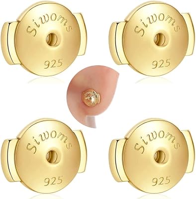 Siwoms 2-Pairs 18K Gold Plated Locking Earring-Back Replacements Secure for Diamond Studs, Hypoallergenic Sterling Silver Backings for Notched Post 0.7～1.0mm