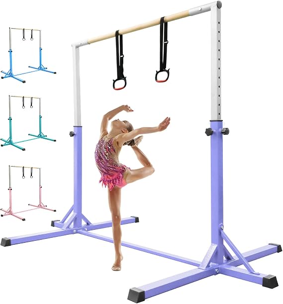 FBSPORT Gymnastics Bar Horizontal Bar with Gymnastic Rings for Kid 13 Height Adjustable, Junior Training Kip Bar Gymnastics Training Equipment for Home Gym Indoor Garden Outdoor