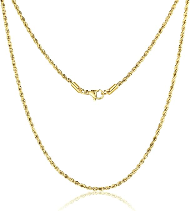 FOSIR 18K Gold Plated Rope Chain Stainless Steel Necklace for Men and Women, Wide 2.5mm 3mm 4mm 5mm