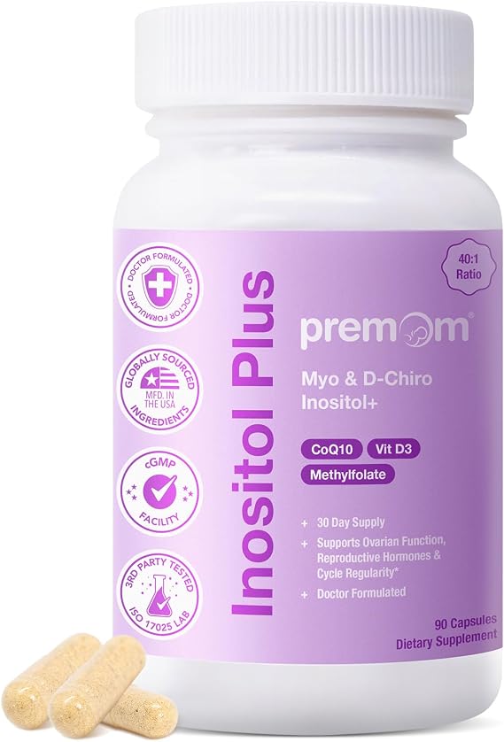 Premom Inositol Plus Supplement for Women, 2,000mg Myo-Inositol & 50mg D-Chiro Inositol, 40:1 Ratio, CoQ10, Methylfolate & Vitamin D3, Fertility, Hormone Balance & Ovarian Support*, 90 Veggie Capsules