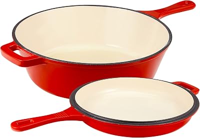 Enameled Cast Iron Skillet Set 2 in1 Cast Iron Cookware Pot with Lid Enamel Sauce Pot Deep Saucepan and Shallow Dutch Oven Nonstick Frying Pan for Chef Kitchen Stove top, Gas, Induction Compatible