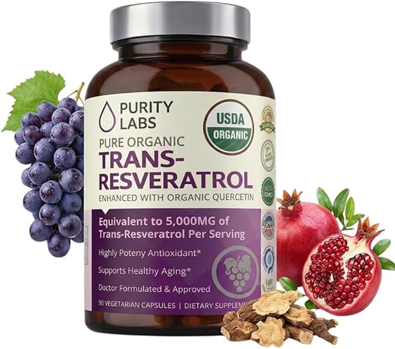 Purity Labs Trans-Resveratrol Supplement 5,000 mg Equivalent per Serving with Quercetin, USDA Organic High Potency Antioxidant, Vegan Capsules, 90 Count