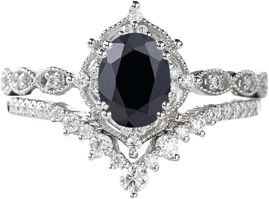 1.5 CT Oval Cut Gemstone Ring Set Moss Agate Opal Alexandrite Black Rutilated Quartz with Moissanite Engagement Rings for Women S925 10K 14K 18K Gold Wedding Bridal Set Promise for Her Free Engraving