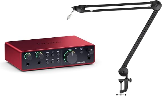 Focusrite Scarlett 2i2 4th Gen Bundle: USB Audio Recording Interface, 24-Bit 192 kHz, Adjustable Microphone Boom Arm Stand, Auto Gain, Clip Safe, 2-items