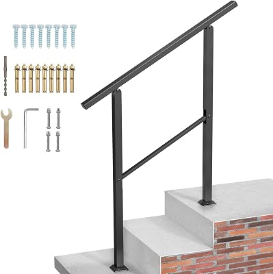 3-Step Handrails for Outdoor Steps,Outdoor Stair Handrail Fits 1 to 3 Steps,Black Wrought Iron Hand Rail Stair Railing Kit for Concrete Steps,Porch Steps