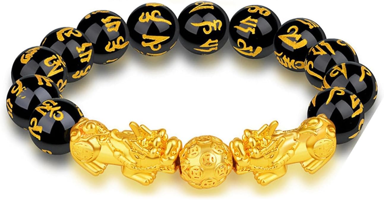 Feng Shui Pixiu Bracelet, Black Obsidian Beaded Bracelet for Men Women