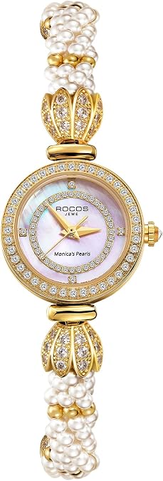 ROCOSJEWE R0262 Bracelet Watches for Women,Fashion Gold Dress Watch,Women's Pearl Bracelet Watch,Dazzling/Pink Dial,Adjustable Stainless Strap,Waterproof,Gift for Women