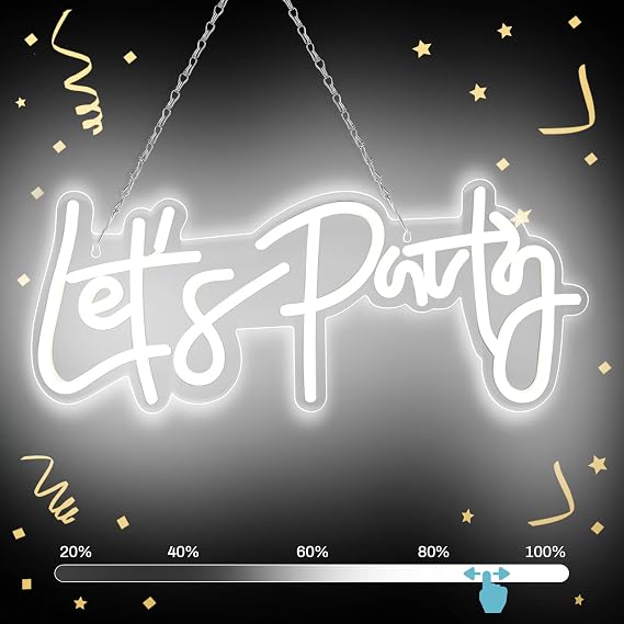 Let's Party Neon Sign - Dimmable, 16''x7'' LED Neon Light for Bedroom Wall Decor, USB Powered, Bachelorette & Wedding Party Sign, White
