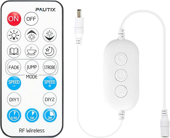 PAUTIX RF Remote Dimmer for Single Color LED Strip Lights,18-Key Wireless Remote and in-line Controller DC 12V-24V for 3528/2835/5050/COB LED Tape Lights,Timer Function