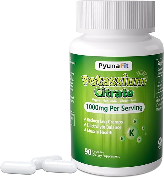 Potassium Supplement 1000mg High Potassium Citrate for Leg Cramps, Muscle Health, and Heart Support, Non-GMO & Gluten-Free, 90 Capsules