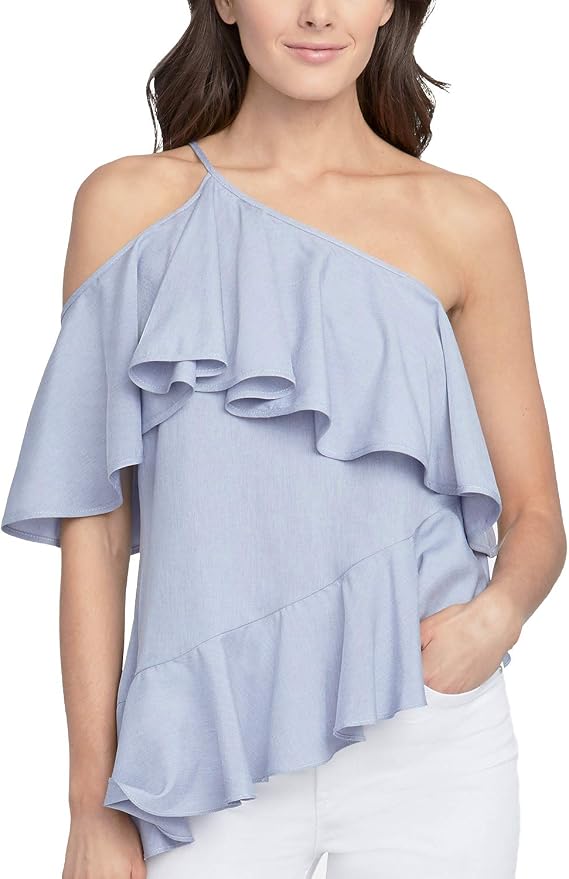 RACHEL Rachel Roy Womens One Shoulder Ruffled Blouse Blue M