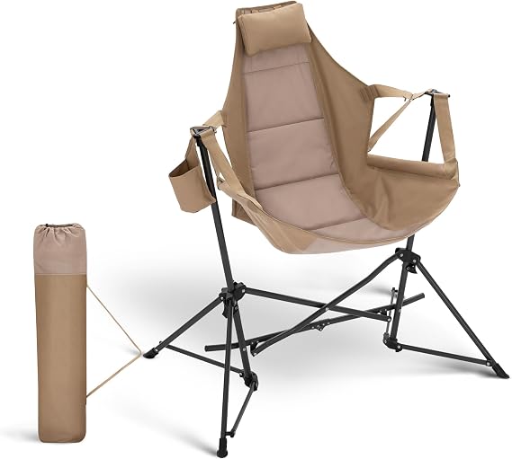 HIGH POINT SPORTS Hammock Camping Chair, Adjustable Back Swinging Chair, Folding Outdoor Rocking Chair, Heavy Duty Portable Camp Chair with Cup Holder and High Back for Adults, Beige
