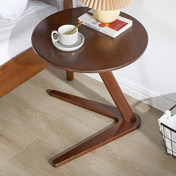 Round C Shaped End Table for Small Places, Modern Natural Wood Small C Side Table,Slide Under Sofa Tray Desk for Living Room,Bedroom,Walnut