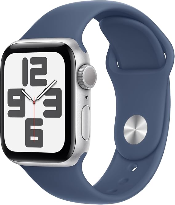 Apple Watch SE (2nd Gen) [GPS 40mm] Smartwatch with Silver Aluminum Case with Storm Blue Sport Band S/M. Fitness & Sleep Tracker, Crash Detection, Heart Rate Monitor