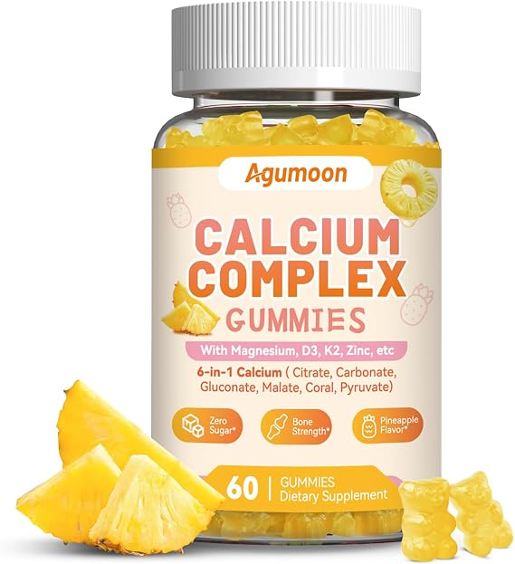 Liposomal Calcium Complex Gummies - 6 Active Types Calcium (Citrate, Carbonate, Gluconate etc) with Vitamin D3, K2, Magnesium, Potassium & Zinc for Bone & Immune Support - 60 Gummies