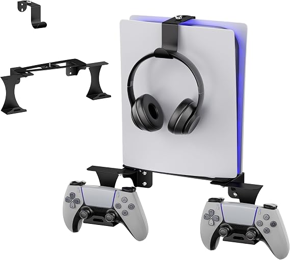 Adjustable PS5 Wall Mount Bracket,Metal Base, With 2 Detachable Controller Holder And Headphone Holder,for PS5/PS5 Slim/PS5 pro