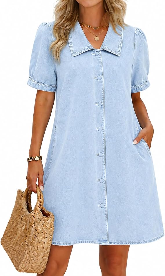 Kedera Sailor Denim Dress for Women Babydoll Short Sleeve Button Down Jean Shirt Dresses with Pockets