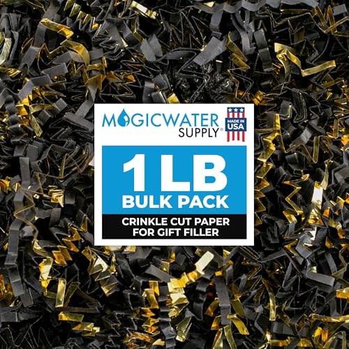 MagicWater Supply - 1 LB - Black & Gold - Crinkle Cut Paper Shred Filler great for Gift Wrapping, Basket Filling, Birthdays, Weddings, Anniversaries