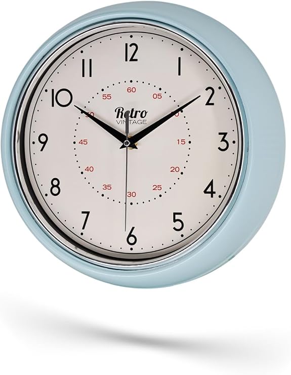 New-Max Premium Serisi Retro Tasarım Metal Kadranlı Bombeli Cam Özellikli 25 cm Ev ve Ofis Saati Mavi, 25cm