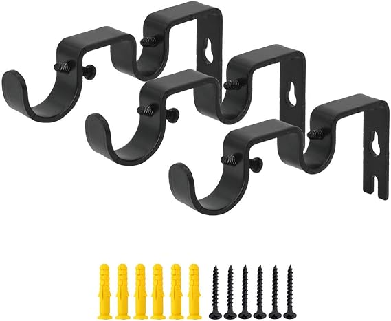 OVOV Double Curtain Rod Bracket 3 Pack Heavy Duty 1 and 5/8 Inch Curtain Rod Holders for Bedroom Living Room Black