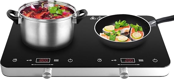 COOKTRON Induction Hob, Double Induction Cooker with Dual-Control (Touch & Knob), 10-Level Adjustable Temperature/Power, 4-Hour Timer, Child Safety Lock, Portable Design, 2800W