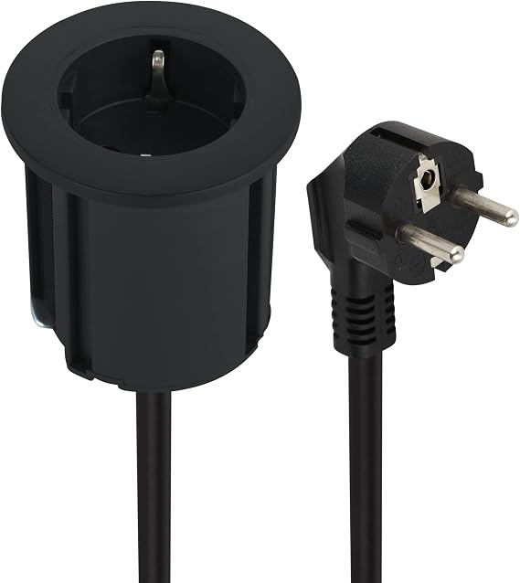 Electraline Grommet 62564 Table Top Socket / Table Socket Strip / Table Socket / Table Installation Socket Schuko Cable 2 m D 54 mm + Equipped with Adapter for Standard Holes 60 mm Black