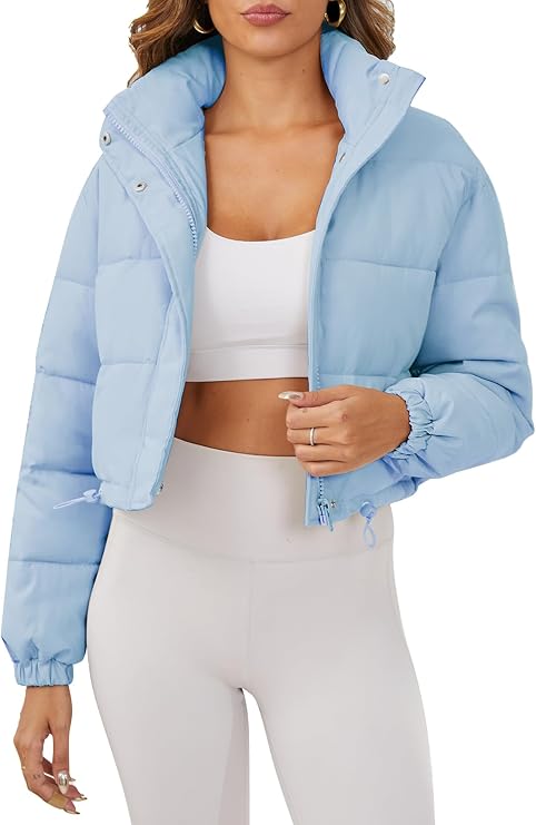 Ogfao Women's Cropped Puffer Jacket Long Sleeve Puffy Coat Stand Collar Zip UP Quilted Padded Drawstring Outwear with Pockets