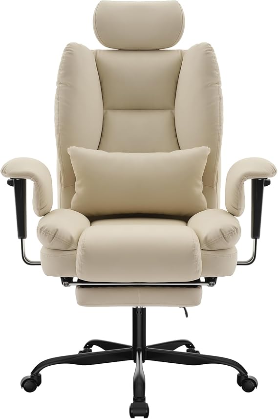 Beige High Back Office Chair Executive - Leather Office Chair with Adjustable Lumbar Support, Liftable Headrest & Retractable Footrest, Ergonomic Computer Chair for Home Office Desk