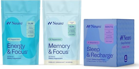 Neuro Day & Night Cognitive Bundle - Energy & Focus Smart Gum 90 Chewables Peppermint + Sleep & Recharge Mints 72 Chewables Chamomile + Memory & Focus Gum 90 Count Sugar Free - All-Day Support