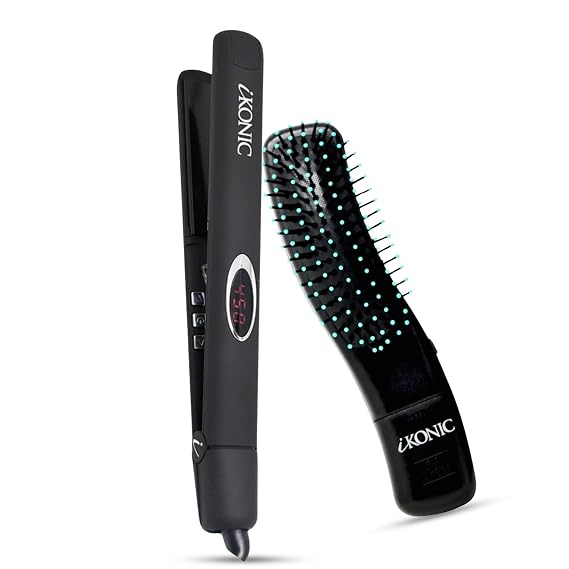 IKONIC 3in1 Electric Scalp Massager for Hair Growth + Hair Straightener 100% Ceramic 1" Curved Plate, Dual Voltage with 140F450 Heat Control, Auto Heat with Infrared Technology