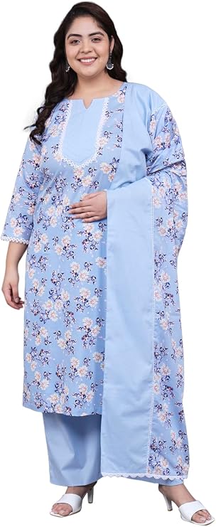 Tissu Women's Plus Size Floral Printed Pure Cotton Kurta Palazzo with Dupatta