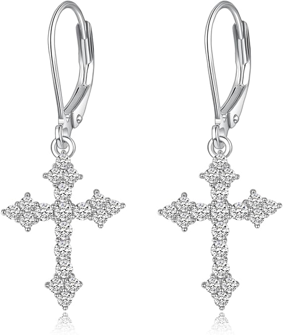 PRAYMOS Cross Earring for Women 925 Sterling Silver Hypoallergenic Long Cross Earring Religious Christan Jewelry Christmas Gifts