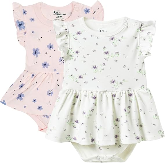 2 Pack Baby Girl Bodysuit Dress, Summer Rompers for 0-24 Months