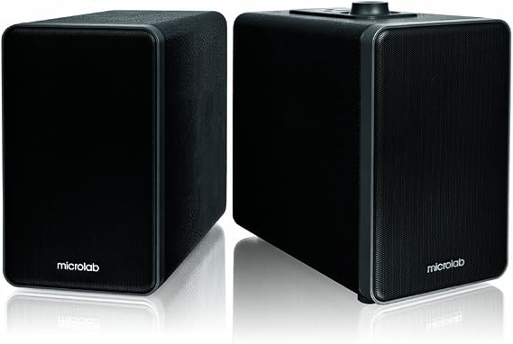 Microlab H21 Bluetooth Wireless 2.0 Two-Way Bookshelf Speaker System w/ USB Charging port and wooden cabinets with leather finishing