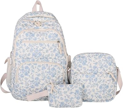 Flower Backpack 3pcs Quilted Backpack for Women Cute Floral Rucksack Fashion Travel Daypack BLUE