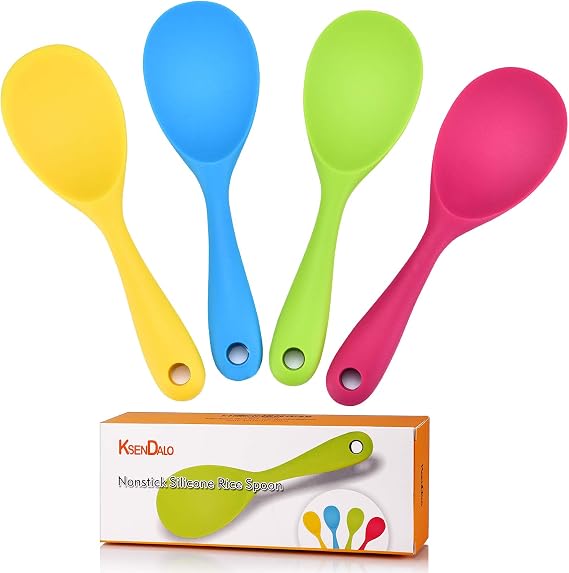 KSENDALO 4 Pack Silicone Rice Spoon, Nonstick Rice Paddle, Eco-friendly/Heat-resistant, Works for Rice/Mashed Potato or more, Size: 8.86 x 2.68 inch, Colorful