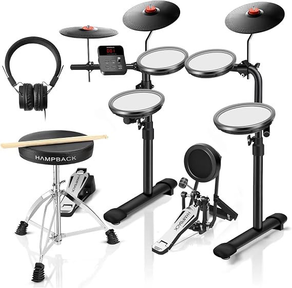 HAMPBACK MK-0 PRO E-Drum Set with 7 Inch Mesh Drum Pads 8 Inch Full Rubber Cymbals 5 Inch Bass Drum 12 Kits and 68 Authentic Sounds USB MIDI Drum Stool Drumsticks and Headphones for Beginners