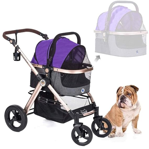 HPZ Pet Rover Prime 3-in-1 Luxury Dog/Cat/Pet Stroller (Travel Carrier +Car Seat +Stroller) with Detach Carrier/Pump-Free Rubber Tires/Aluminum Frame/Reversible Handle for Medium & Small Pets (PURPLE)