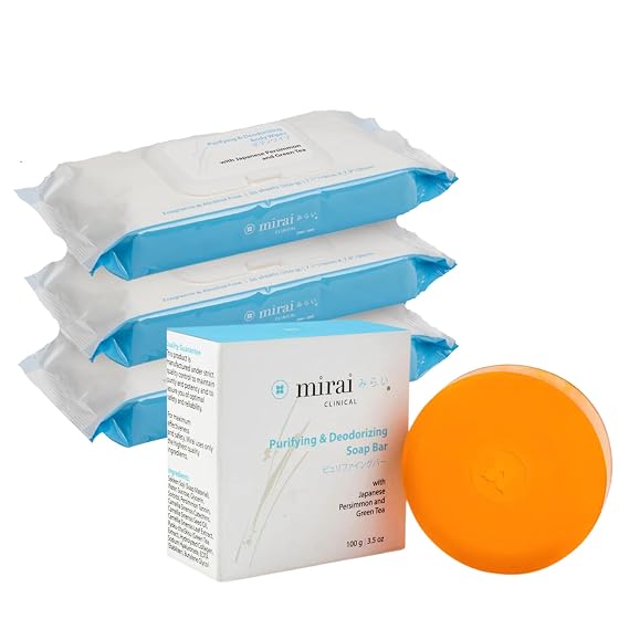 Mirai Clinical Persimmon Soap Bar with Body Wipes Bundle, Nonenal Solution