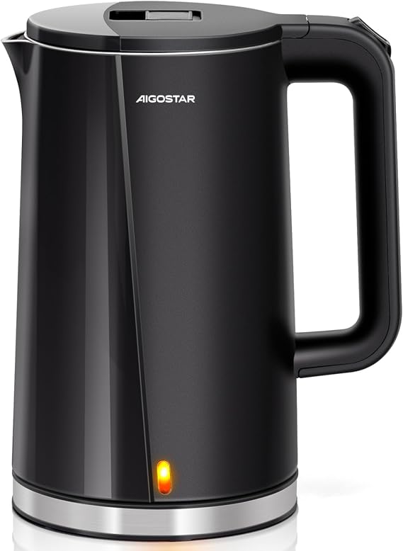 Aigostar Double Walled Electric Kettle, 1.7L Cool Touch Water Kettle Black | 2200W Quiet Boil, 100% Stainless Steel Interior Tea Kettle with Auto Shut-Off & Boil-Dry Protection, BPA Free, Aubrey